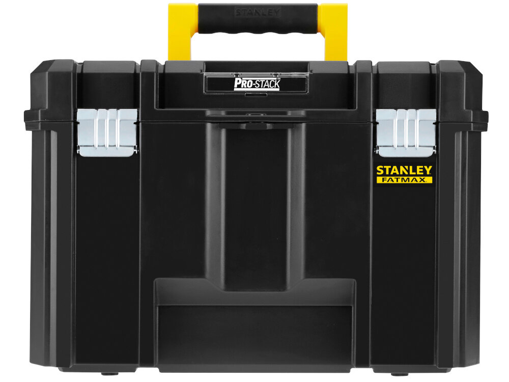 Skrzynia na narzędzia STANLEY Fatmax Pro-Stack FMST1-71971 skrzynia na białtm tle widoczna od przodu obudowa z tworzywa sztucznego odporna na uszkodzenia mechaniczne i działanie czynników zewnętrznych metalowy zatrzask zawiasy z wysokiej jakości tworzywa sztucznego trwałość i pewne zamykanie udźwig do 7,5 kg