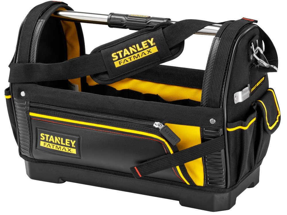 Torba narzędziowa STANLEY Fatmax 1-93-951 torba na białym tle widoczna od przodu pod skosem udźwig do 20 kg wzmocnione panele solidna konstrukcja nitowana redukują ryzyko odkształceń dla profesjonalistów i majsterkowiczów