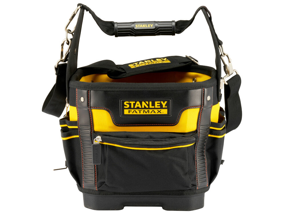 Torba monterska STANLEY Fatmax 1-93-952 białe tło pusta torba widoczna od przodu waga 1,75 kg wytrzymały materiał wymiary 260 x 260 x 290 mm otwarta konstrukcja wygodny pasek na ramię
