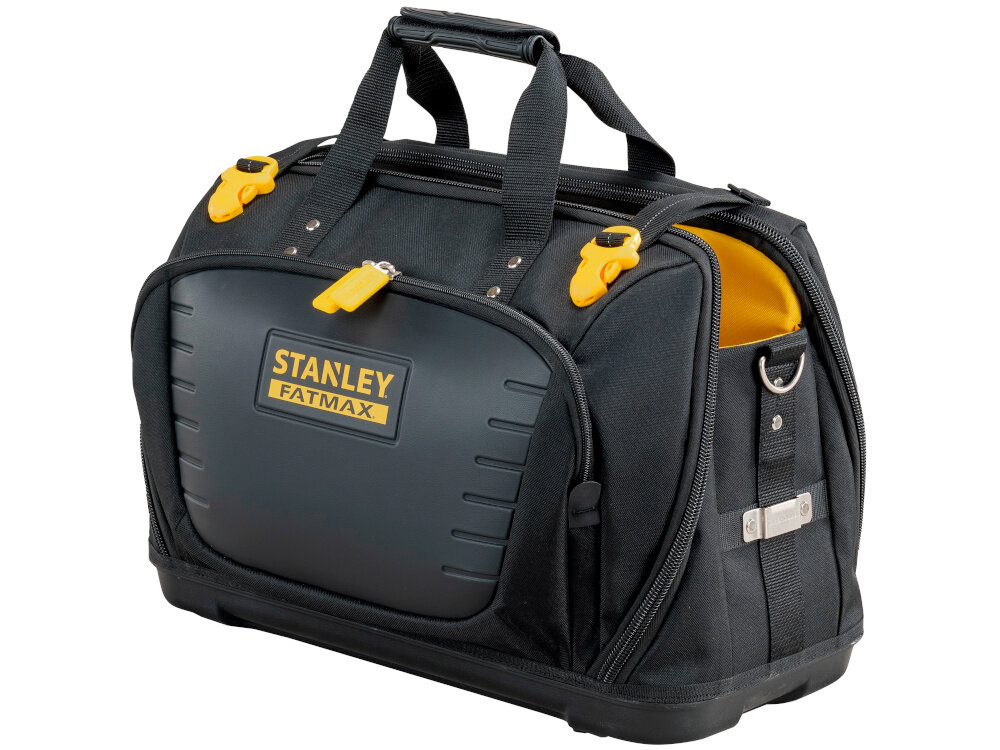 Torba narzędziowa STANLEY FMST1-80147 torba na białym tle widoczna od przodu pod skosem sztywny plastikowy spód wodoodporny ochrona przed wilgocią i zabrudzeniami narzędzia suche i bezpieczne