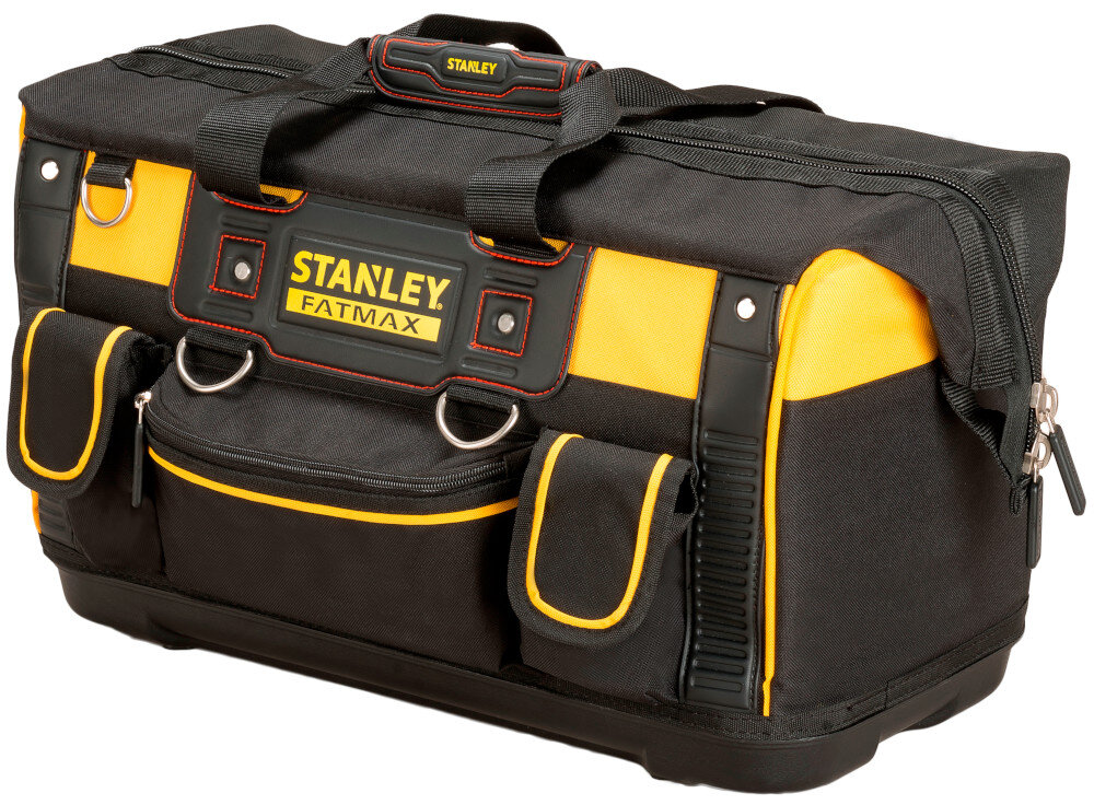 Torba narzędziowa STANLEY FMST1-71180 torba na białym tle widoczna od przodu pod skosem do przechowywania i transportu narzędzi duża pojemność przemyślana organizacja przestrzeni do użytku w warsztacie i w terenie