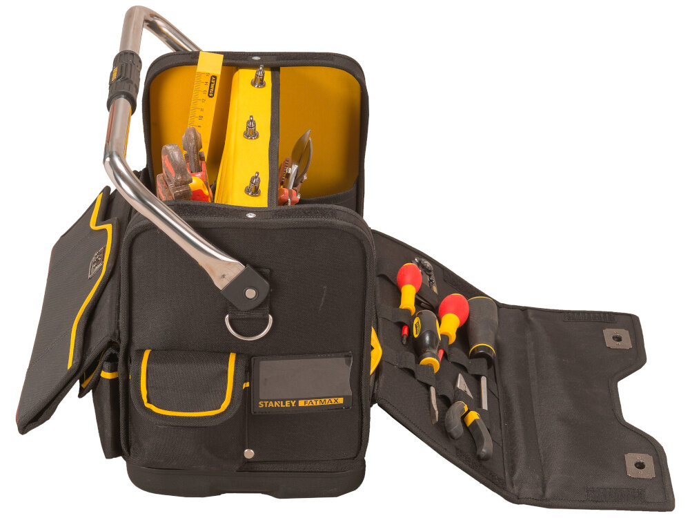 Torba narzędziowa STANLEY Fatmax FMST1-70719 otwarta torba na białym tle widoczna z boku wnętrze wypełnione narzędziami wzmocniona konstrukcja sztywne ścianki boczne stabilna chroni zawartość przed uszkodzeniami trwałość produktu