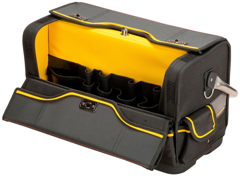 Torba narzędziowa STANLEY Fatmax FMST1-70719 otwarta torba na białym tle widoczna od przodu pod skosem pojemność do 13 litrów udźwig do 20 kg więcej miejsca wymiary 485 x 205 x 300 mm