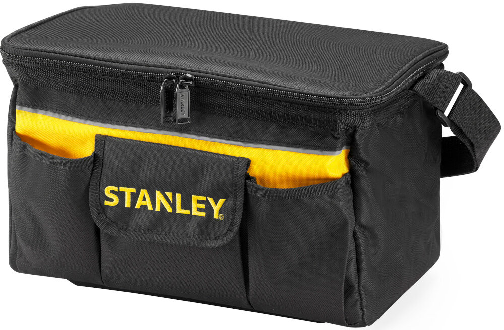 Torba narzędziowa STANLEY STST1-73615 zamknięta torba na białym tle widoczna od przodu pod skosem do użytku w warsztacie i podczas pracy w terenie przemyślana konstrukcja bezpieczne przechowywanie narzędzi i akcesoriów ochrona przed uszkodzeniem porządek