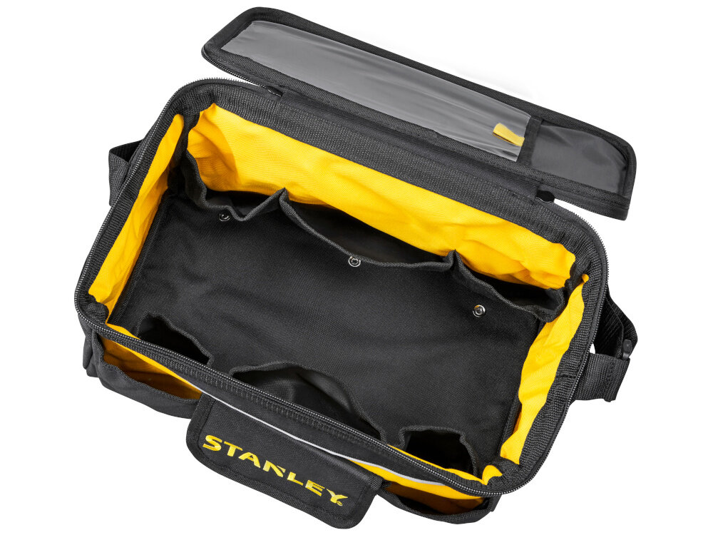 Torba narzędziowa STANLEY STST1-73615 białe tło otwarta torba pojemność od 14 litrów udźwig do 15 kg wzmocnione panele wytrzymały materiał nylonowy