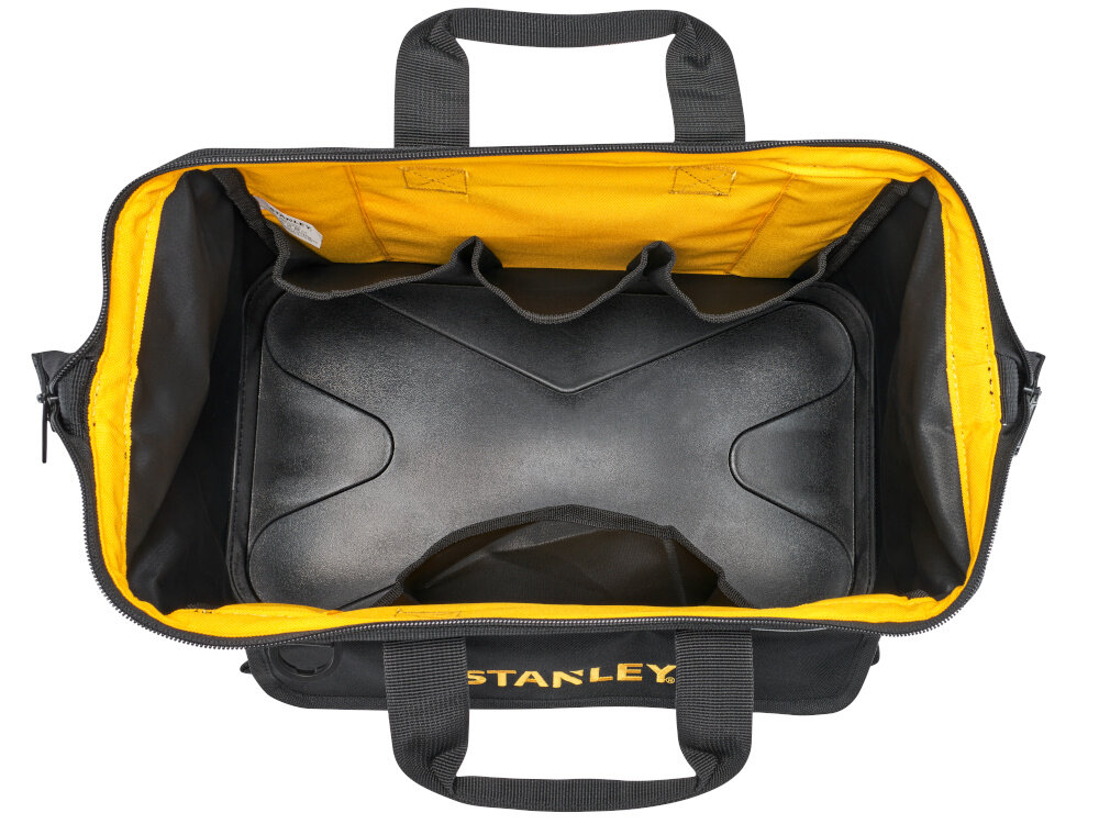 Torba narzędziowa STANLEY Open Mouth 1-96-183 białe tło otwarta torba widok z góry z wytrzymałej tkaniny 600x600 Denier odporność na przetarcia i uszkodzenia mechaniczne wymiary 447 x 430 x 275 mm waga około 1,02 kg
