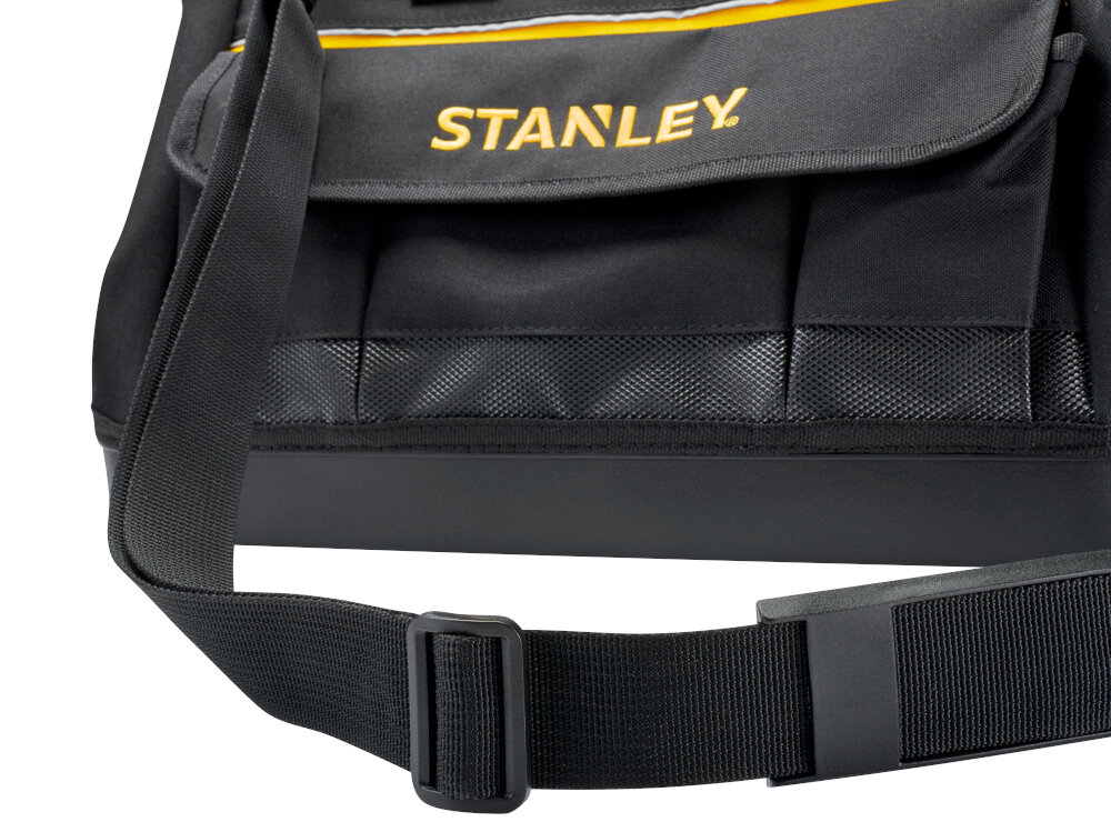 Torba narzędziowa STANLEY Open Mouth 1-96-183 białe tło zbliżenie na przód torby widoczny pasek do przenoszenia wygodny, gumowany uchwyt solidny pasek na ramię gumowana rączka wpływa na pewny chwyt pasek pozwala odciążyć ręce
