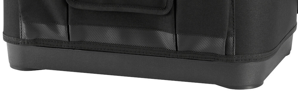 Torba narzędziowa STANLEY 16 Otwarta zbliżenie na dół torby z wytrzymałej tkaniny 600x600 Denier odporność na przetarcia i uszkodzenia mechaniczne mocne wodoodporne dno z tworzywa sztucznego ochrona przed wilgocią i zabrudzeniami