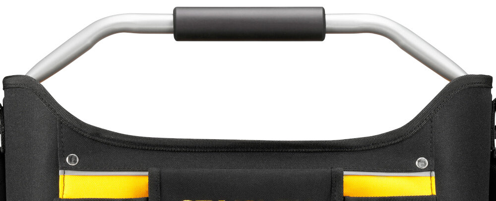 Torba narzędziowa STANLEY 16 Otwarta zbliżenie na uchwyt białe tło uchwyt do przenoszenia regulowany pasek na ramię waga około 1 kg ergonomiczne rozwiązania do użytku na budowie i w warsztacie