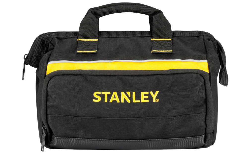 Torba narzędziowa STANLEY 1-93-330 torba na białym tle widoczna od przodu do przechowywania i wygodnego przenoszenia do użytku w warsztacie i podczas pracy w terenie dla profesjonalistów i majsterkowiczów