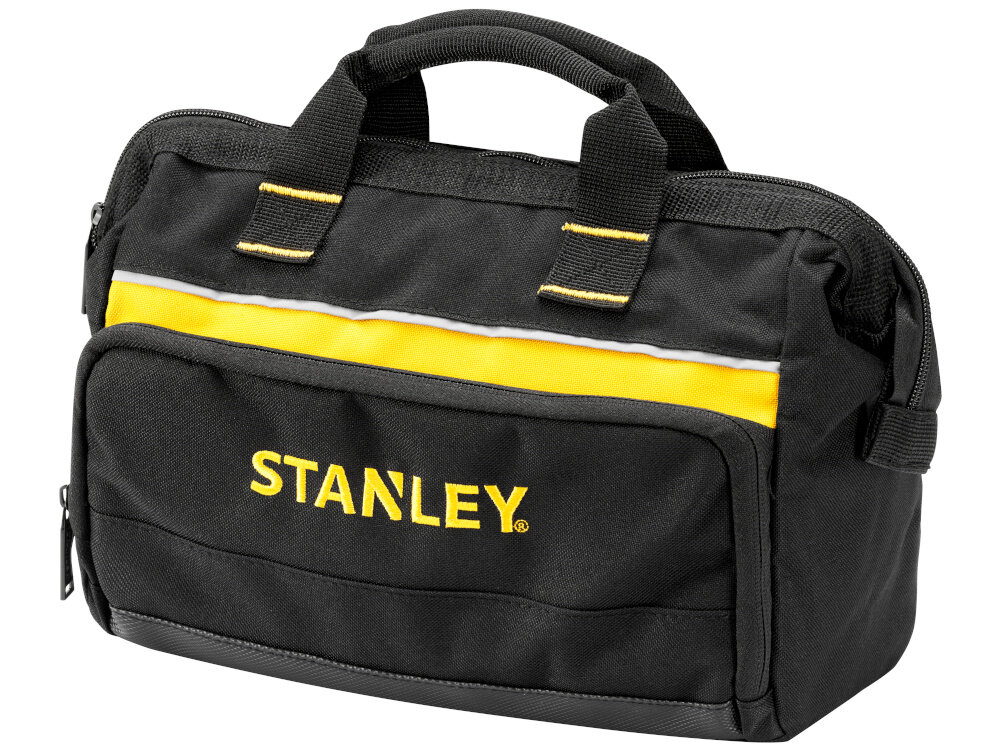 Torba narzędziowa STANLEY 1-93-330 torba na białym tle widoczna od przodu pod skosem z mocnego nylonu 600x600 Denier duża odporność na przetarcia i intensywne użytkowanie do użytku w wymagających warunkach pracy