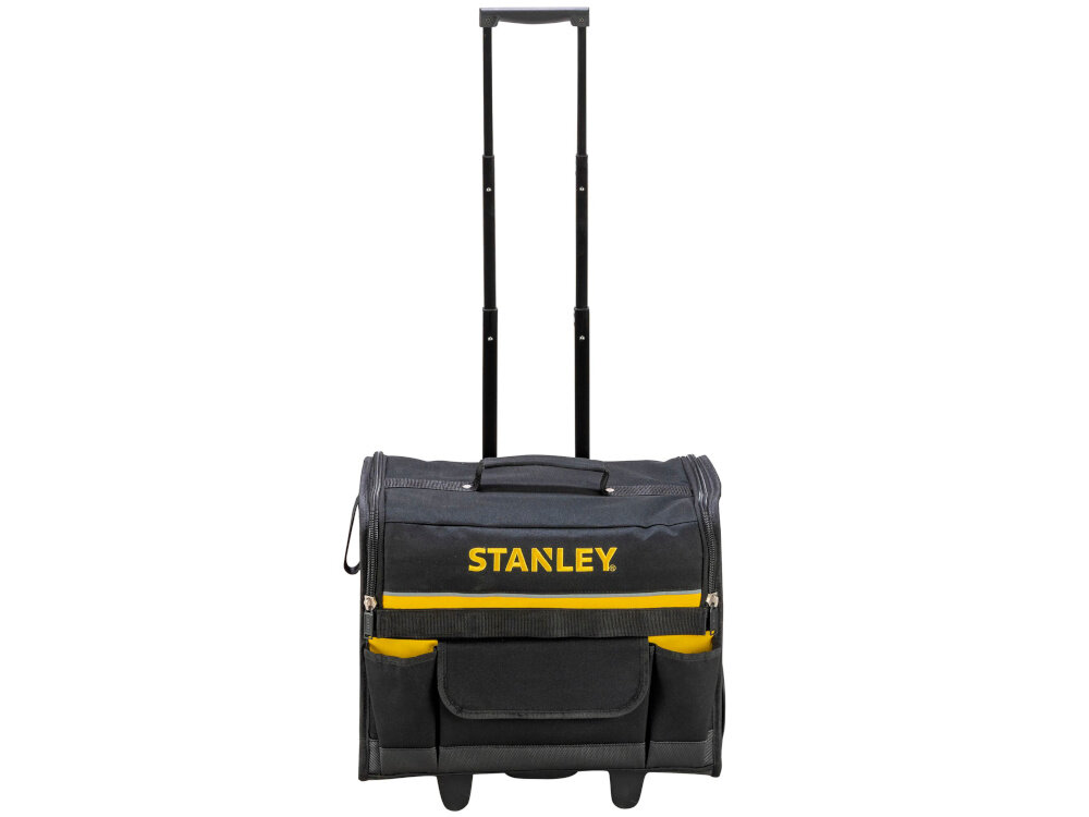 Torba narzędziowa STANLEY 1-97-515 białe tło torba z wyciągniętym uchwytem widoczna od przodu do przechowywania i transportu narzędzi ręcznych oraz akcesoriów pojemność do 25 litrów udźwig do 15 kg do użytku w warsztacie na budowie podczas prac serwisowych