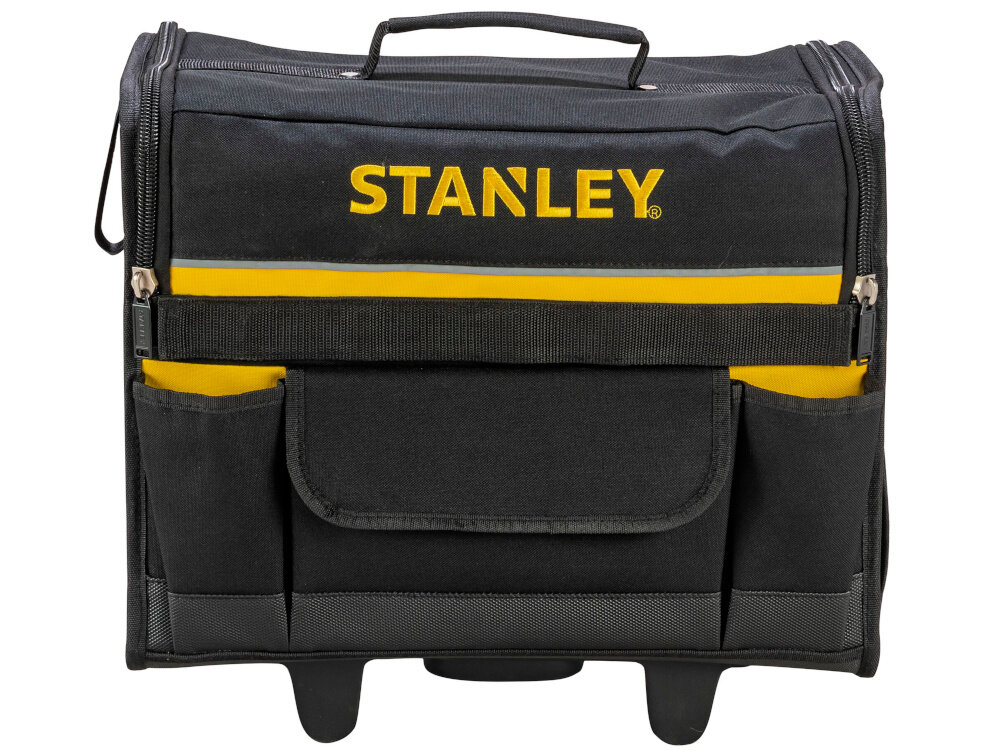 Torba narzędziowa STANLEY 1-97-515 białe tło torba widoczna od przodu schowany uchwyt wykonana z nylonu o gęstości 600 × 600 denier wysoka odporność na przetarcia i intensywne użytkowanie sztywna wielkogabarytowa konstrukcja odpowiednie zabezpieczenie