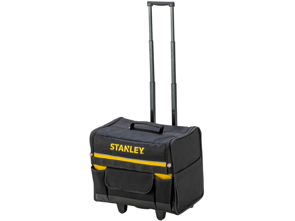 Torba narzędziowa STANLEY 1-97-515 białe tło torba z wyciągniętym uchwytem widoczna od przodu pod skosem przemyślana konstrukcja porządek w narzędziach mobilność użytkownika organizacja pracy wszystkie akcesoria są zawsze pod ręką dla profesjonalistów i majsterkowiczów