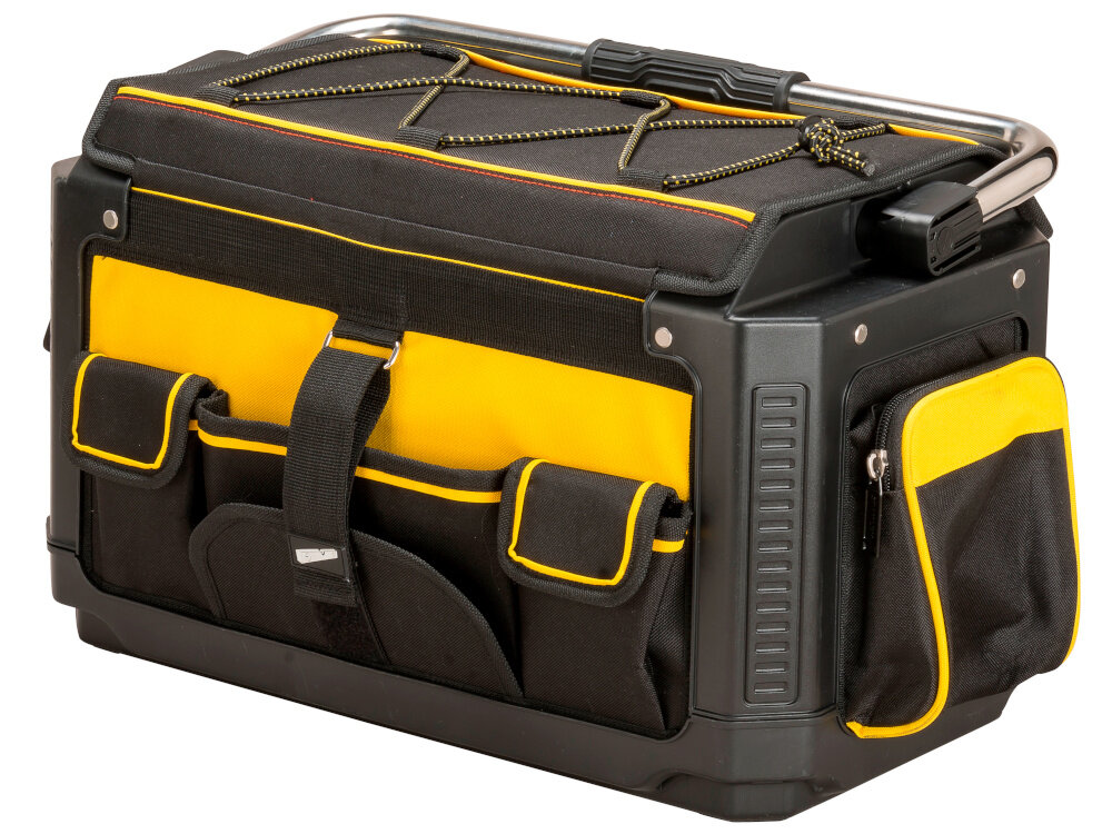 Torba narzędziowa STANLEY Fatmax 1-79-213 torba na białym tle widoczna od przodu pod skosem przechowywanie i transport narzędzi otwarta przestrzeń wewnętrzna liczne kieszenie