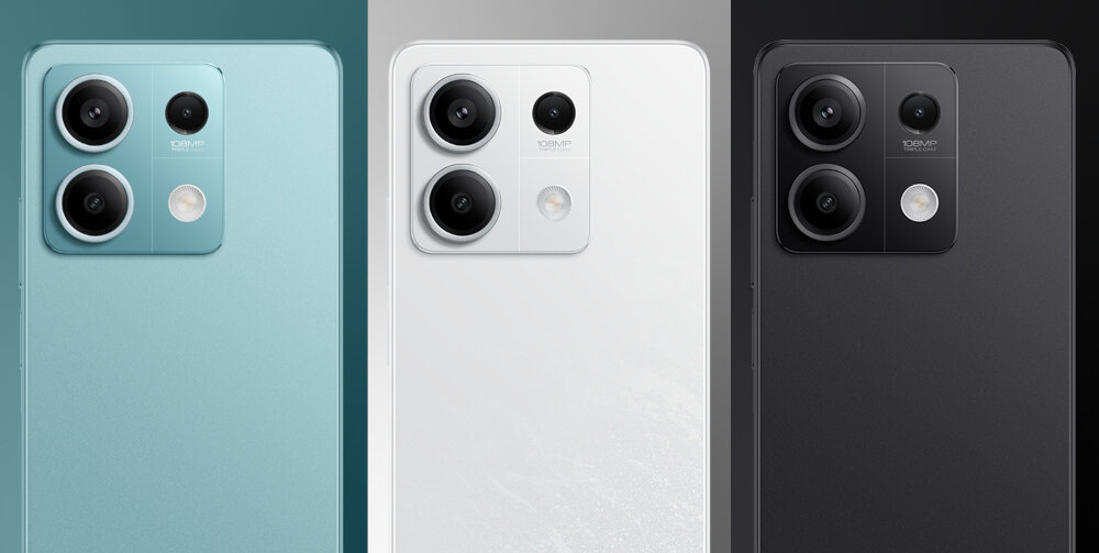 Obraz przedstawia trzy smartfony w różnych kolorach: niebieskim, białym i czarnym, każdy z trzema aparatami i napisem \'108MP AI camera\'.