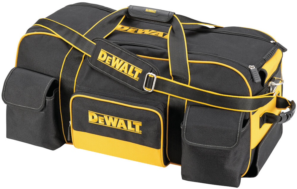Torba narzędziowa DEWALT DWST1-79210 zamknięta torba na białym tle widoczna od przodu pod skosem do bezpiecznego przechowywania i wygodnego transportu duża pojemność do użytku w warsztacie na budowie w domowym garażu