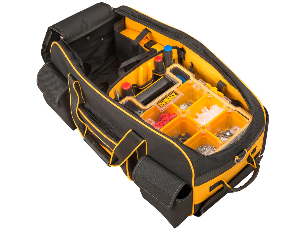 Torba narzędziowa DEWALT DWST1-79210 otwarta torba na białym tle widoczna od przodu pod skosem wewnątrz narzędzia pojemność 67,8 litra pojemności 67,8 litra