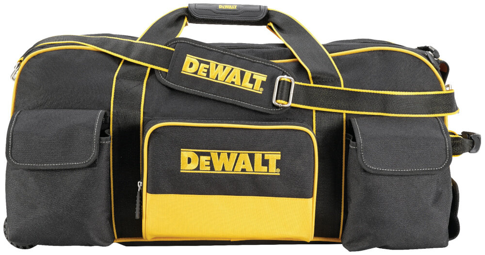 Torba narzędziowa DEWALT DWST1-79210 zamknięta torba na białym tle widoczna od przodu materiał poliestrowy o gęstości 1680x600 denier odporność na przetarcia i uszkodzenia mechaniczne dno torby wzmocniono dwoma wytrzymałymi płozami z tworzywa