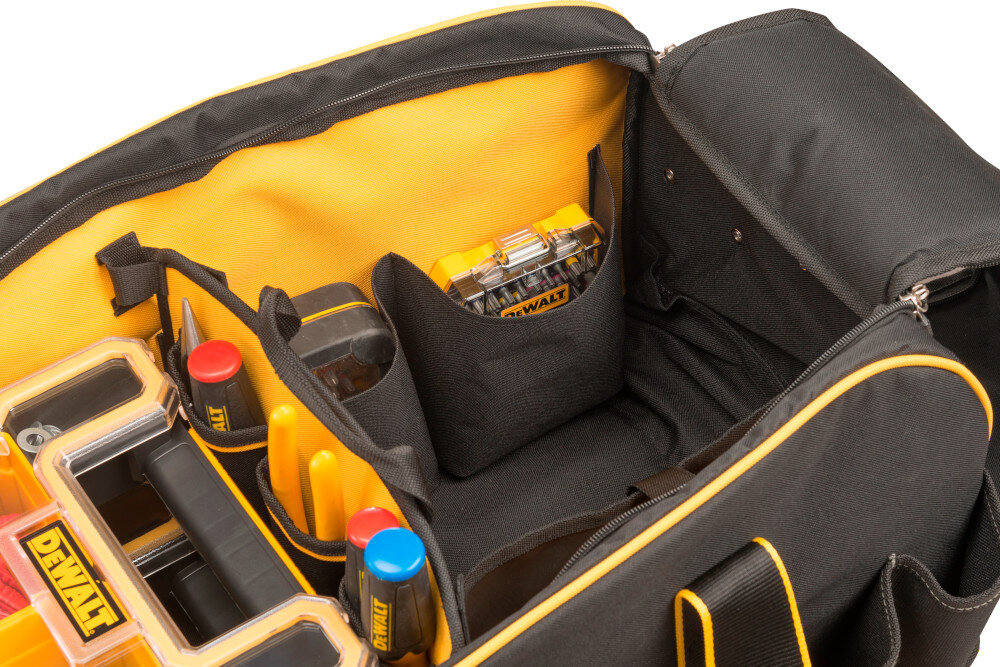 Torba narzędziowa DEWALT DWST1-79210 otwarta torba wewnątrz narzędzia zamek błyskawiczny szerokie górne otwarcie wygodna płynna praca