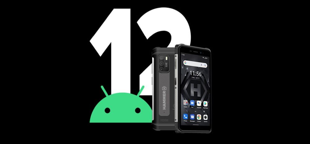 Obraz przedstawia smartfon z wyświetlaczem pokazującym godzinę 11:56 oraz ikonami aplikacji. W tle widoczny jest duży symbol Androida 12 z zieloną ikoną robota.