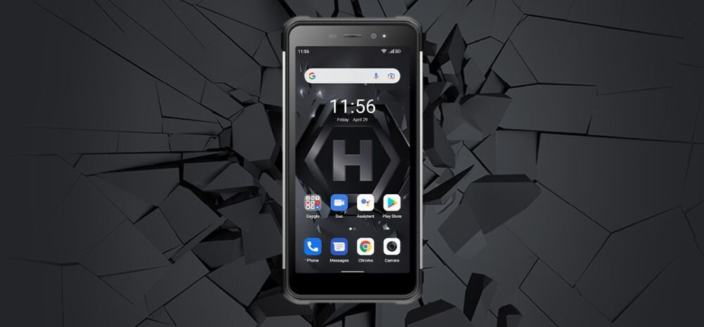 Smartfon z wyświetlaczem pokazującym godzinę 11:56, datę Friday, April 30 oraz kilka ikon aplikacji na ekranie głównym. W tle widoczna jest grafika przedstawiająca pękającą powierzchnię z dużą literą \'H\'.