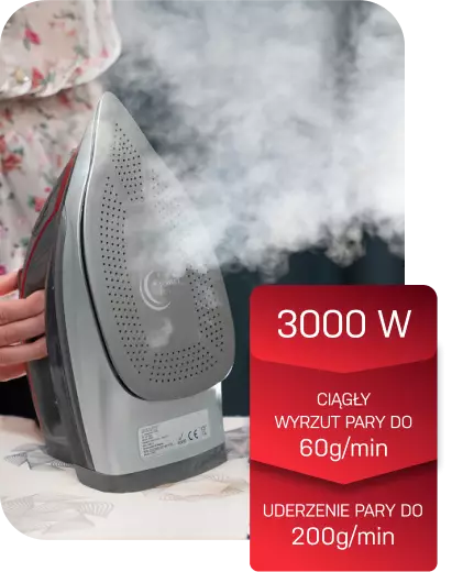 Żelazko emituje parę, a obok widoczna jest czerwona grafika z tekstem: \'3000 W, CIĄGŁY WYRZUT PARY DO 60g/min, UDERZENIE PARY DO 200g/min\'.