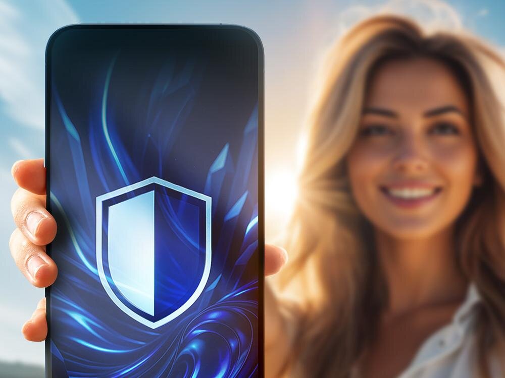 Osoba trzyma smartfon z wyświetlaczem przedstawiającym niebieski wzór i biały symbol tarczy. W tle widoczna jest uśmiechnięta kobieta.