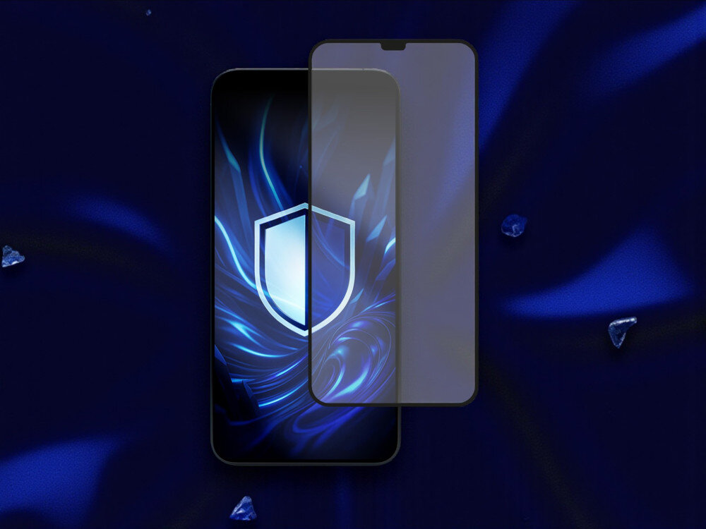 Obraz przedstawia telefon z wyświetlaczem, na którym widoczna jest grafika z tarczą. Obok telefonu znajduje się przezroczysta osłona, prawdopodobnie szkło ochronne.