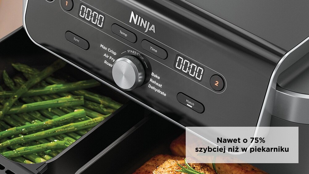 Na obrazie widoczna jest frytkownica beztłuszczowa z wyświetlaczem cyfrowym i przyciskami funkcyjnymi, z logo \'NINJA\'. W dolnej części znajduje się tekst: \'Nawet o 75% szybciej niż w piekarniku\'.
