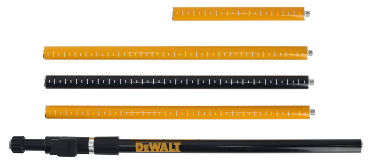 Tyczka rozporowa DEWALT DE0882-XJ, gwint, cale, dostroić, trasowanie, regulacja, na białym tle części tyczki rur osobno