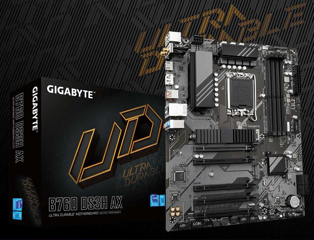 Na obrazie widoczna jest płyta główna oraz pudełko z napisem \'GIGABYTE B760 DS3H AX ULTRA DURABLE MOTHERBOARD\'. Tło ma wzór z dużymi literami \'UD\'.