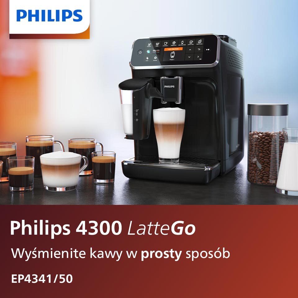 Na obrazie znajduje się ekspres do kawy z logo Philips, obok którego stoją filiżanki z różnymi rodzajami kawy. Na dole widnieje napis: \'Philips 4300 LatteGo Wyśmienite kawy w prosty sposób EP4341/50\'.