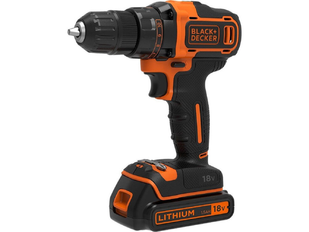 Wiertarko-wkrętarka udarowa BLACK&DECKER BDCDD186K zasilanie silnik szczotkowy akumulator Li-Ion napięcie 18 V pojemność 1,5 Ah maksymalna prędkość obrotowa do 1400 obr/min maksymalny moment obrotowy do 40 Nm
