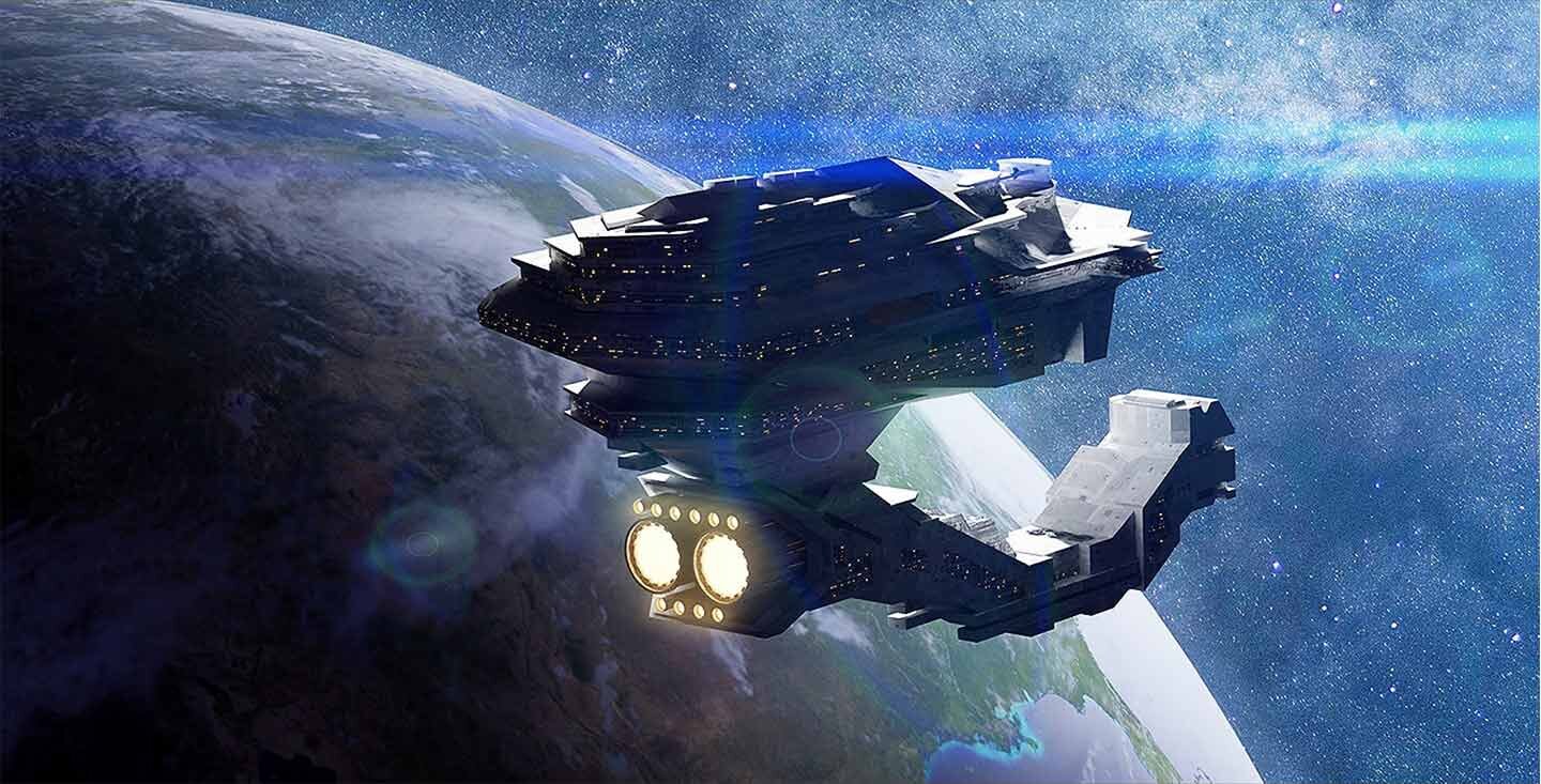 Statek kosmiczny unosi się w przestrzeni kosmicznej z widoczną planetą w tle. Statek ma futurystyczny design z jasnymi światłami na tylnej części.