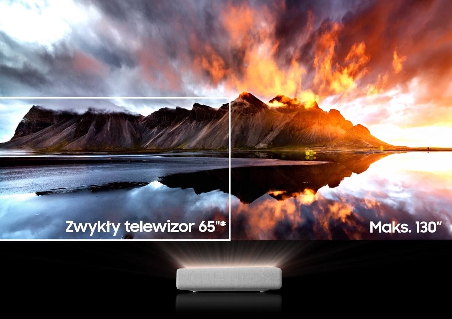 Obraz przedstawia krajobraz z górami i odbiciem w wodzie, z nałożonymi prostokątami oznaczonymi jako \'Zwykły telewizor 65\