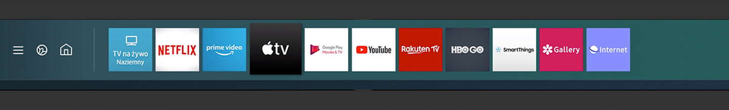Interfejs użytkownika z ikonami aplikacji: TV na żywo, Netflix, Prime Video, Apple TV, Google Play Movies & TV, YouTube, Rakuten TV, HBO GO, SmartThings, Gallery, Internet.