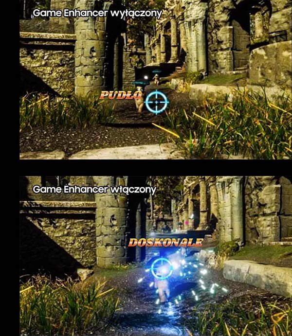Dwa obrazy przedstawiają scenę z gry w ruinach, z celownikiem na postaci. Na górnym obrazie napis \'Game Enhancer wyłączony\' i \'PUDŁO\', na dolnym \'Game Enhancer włączony\' i \'DOSKONALE\'.