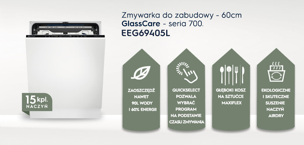 Obraz przedstawia zmywarkę do zabudowy z napisem \'Zmywarka do zabudowy - 60cm GlassCare - seria 700. EEG69405L\'. Obok zmywarki znajdują się ikony z tekstami: \'ZAOSZCZĘDŹ NAWET 90L WODY I 60% ENERGII\', \'QUICKSELECT POZWALA WYBRAĆ PROGRAM NA PODSTAWIE CZASU ZMYWANIA\', \'GŁĘBOKI KOSZ NA SZTUĆCE MAXIFLEX\', \'EKOLOGICZNE I SKUTECZNE SUSZENIE NACZYŃ AIRDRY\'.