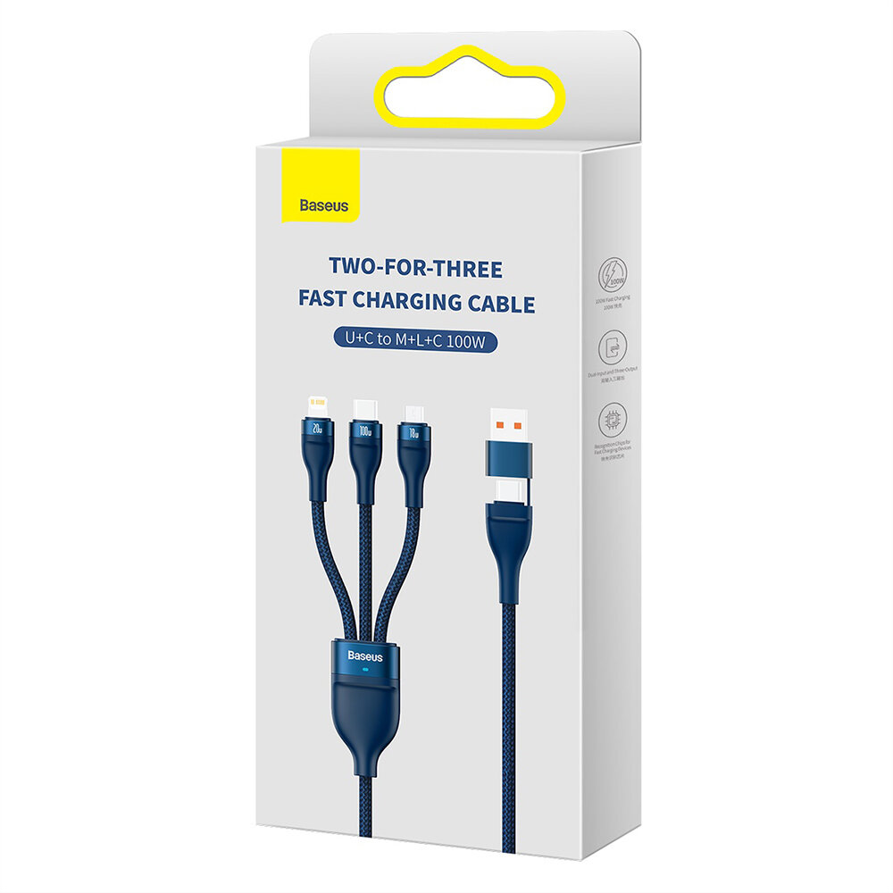 Opakowanie kabla Baseus z trzema różnymi końcówkami: USB-C, Micro USB i Lightning, o mocy 100W. Na opakowaniu widnieje napis \'TWO-FOR-THREE FAST CHARGING CABLE\'.