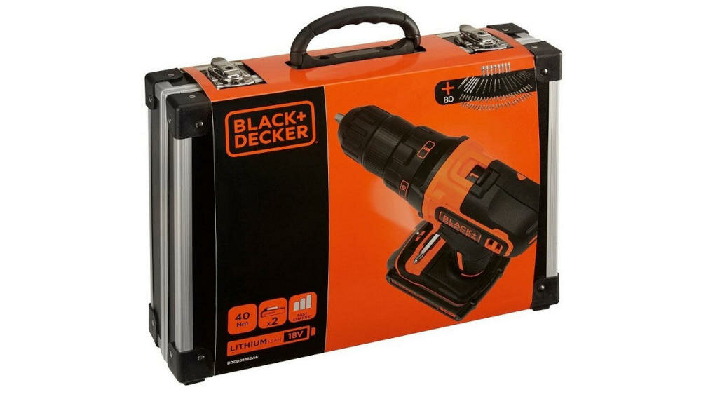 BLACK-DECKER-BDCHD18BAFC zestaw urządzenie akumulatory ładowarka uchwyt magnetyczny walizka końcówki nasadkowe wiertła metal drewno beton instrukcja karta gwarancyjna