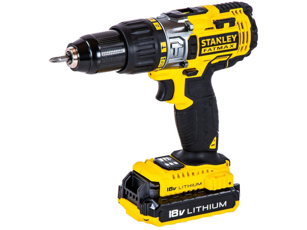Wiertarko-wkrętarka STANLEY FatMax FMCK625D2A + zestaw bitów zasilanie akumulator Li-Ion napięcie 18 V pojemność 2,0 Ah maksymalna prędkość obrotowa do 4000 obr/min częstotliwość udaru do 27200 ud/min maksymalny moment obrotowy do 51,4 Nm