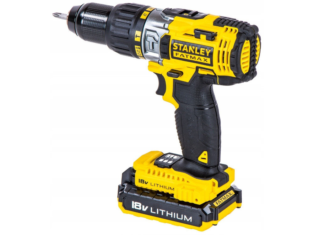 Wiertarko-wkrętarka STANLEY FatMax FMCK625D2A + zestaw bitów solidny uchwyt z powłoką antypoślizgową ergonomiczna rękojeść kompaktowa konstrukcja do użytkowania w profesjonalnych warsztatach w warunkach domowych