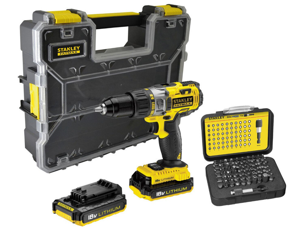 Wiertarko-wkrętarka STANLEY FatMax FMCK625D2A + zestaw bitów w zestawie 2 akumulatory ładowarka organizer Deep Pro 61-sztukowy zestaw bitów uchwyt magnetyczny instrukcja obsługi w języku polskim karta gwarancyjna