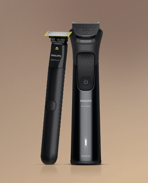 Na obrazie widoczne są dwa urządzenia do golenia marki PHILIPS. Pierwsze urządzenie ma napis \'OneBlade\', a drugie \'All-in-One\' oraz \'Wet & Dry\'.