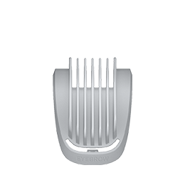 Srebrna nasadka grzebieniowa z napisem \'EYEBROW\' na dole, przeznaczona do przycinania brwi.
