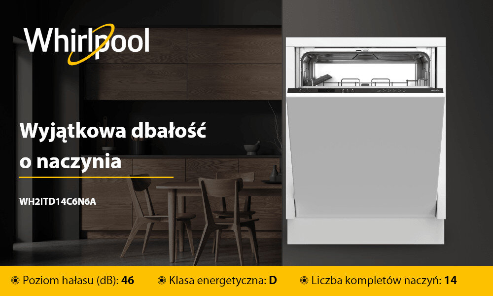 Obraz przedstawia zmywarkę z otwartymi drzwiami, obok której znajduje się tekst: \'Wyjątkowa dbałość o naczynia WH2ITD14C6N6A\'. Na dole widoczne są informacje: \'Poziom hałasu (dB): 46\', \'Klasa energetyczna: D\', \'Liczba kompletów naczyń: 14\'.