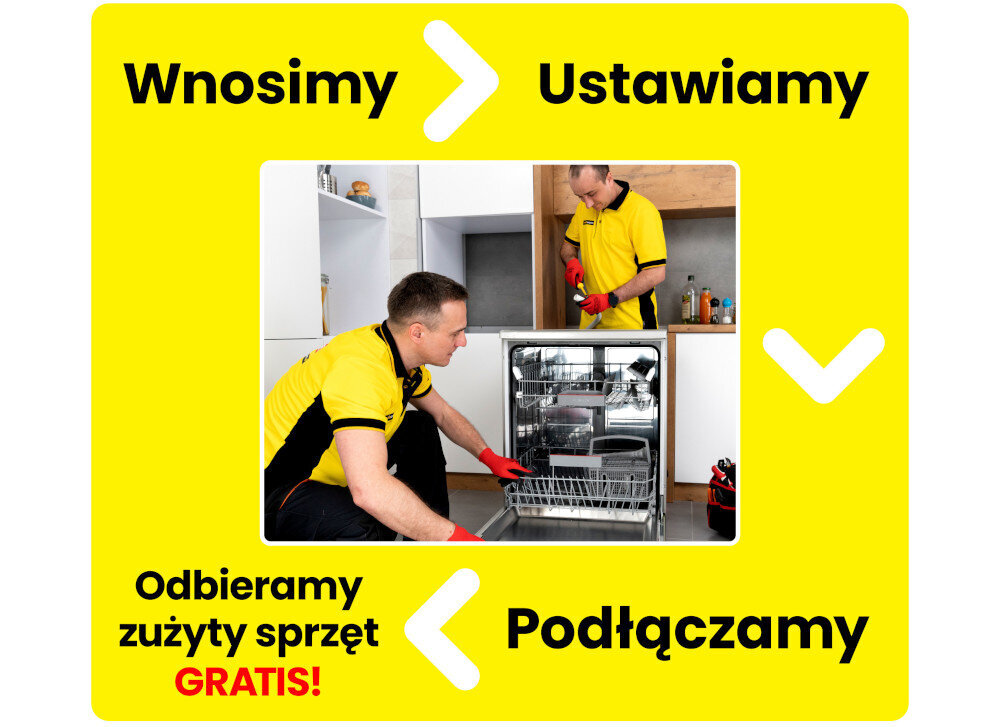 Dwóch mężczyzn w żółtych koszulkach montuje zmywarkę w kuchni. Na żółtym tle widnieją napisy: \'Wnosimy\', \'Ustawiamy\', \'Podłączamy\', \'Odbieramy zużyty sprzęt GRATIS!\'.