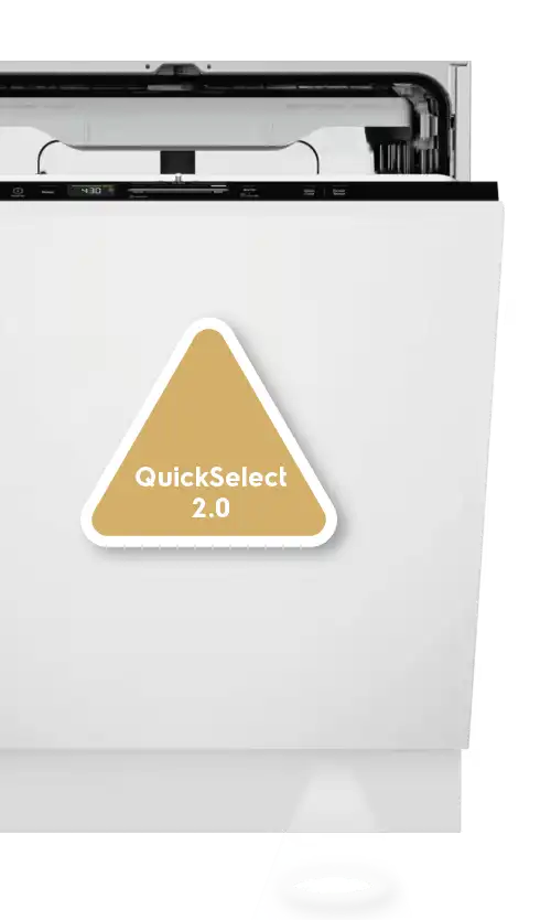 Zmywarka z otwartymi drzwiami, na których widnieje trójkątny symbol z napisem \'QuickSelect 2.0\'. Na podłodze widoczna jest okrągła projekcja światła.