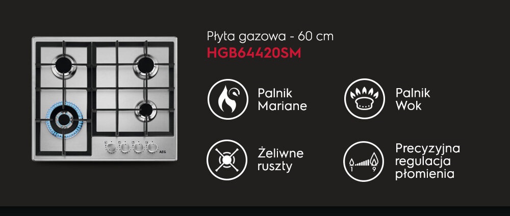Obraz przedstawia płytę gazową z czterema palnikami i pokrętłami, obok której znajdują się ikony z napisami: \'Palnik Mariane\', \'Palnik Wok\', \'Żeliwne ruszty\', \'Precyzyjna regulacja płomienia\'. Widoczny jest tekst: \'Płyta gazowa - 60 cm HGB64420SM\'.